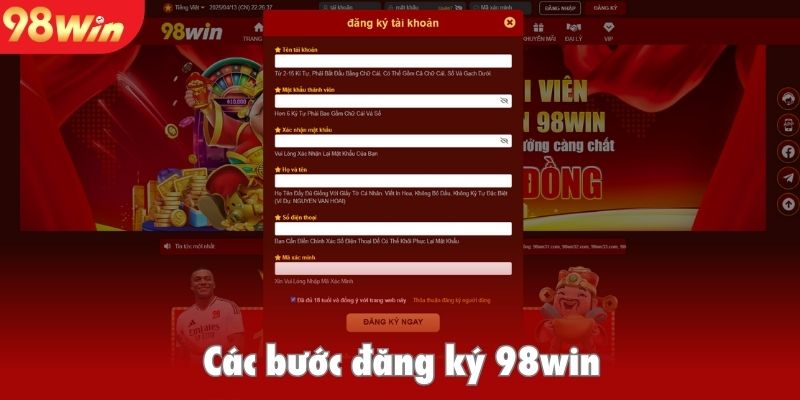 Các bước đăng ký 98win